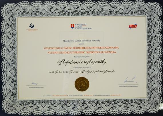 Zaramovana listina: Osvedcenie o zapise do reprezentativneho zoznamu kulturneho dedicstva Zaramovana listina: Osvedcenie o zapise do reprezentativneho zoznamu kulturneho dedicstva